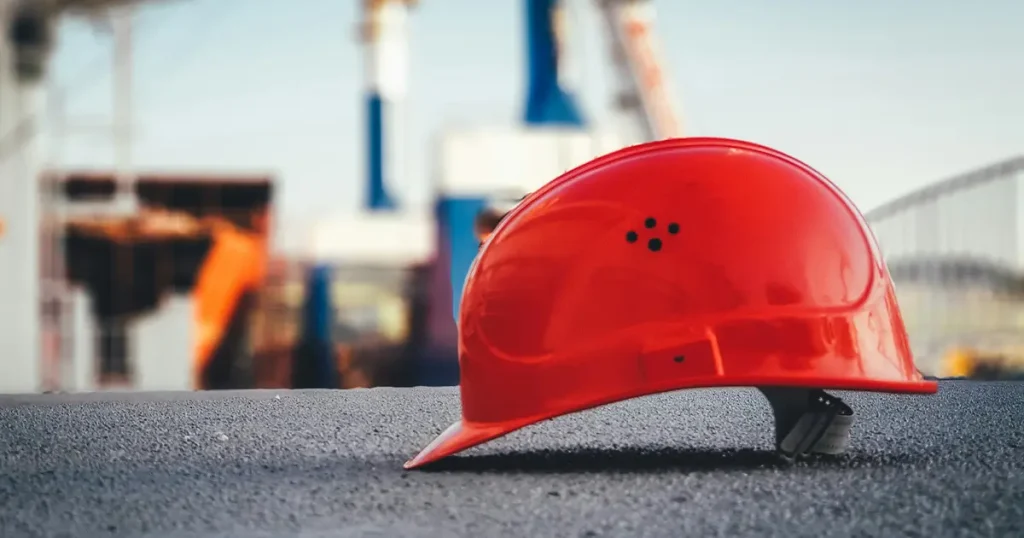 Sicherheitshelm liegt auf dem Boden einer Baustelle